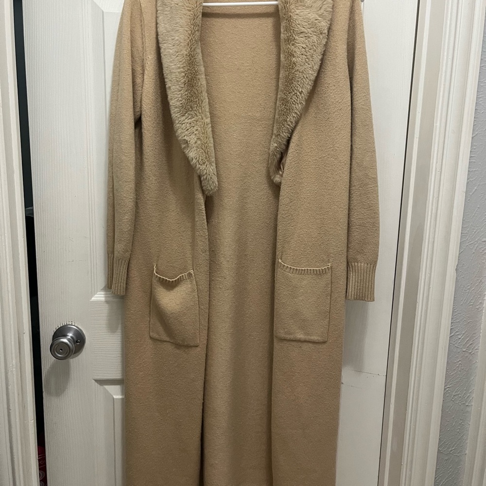 Long Tan Cardigan with Faux Fur Collar